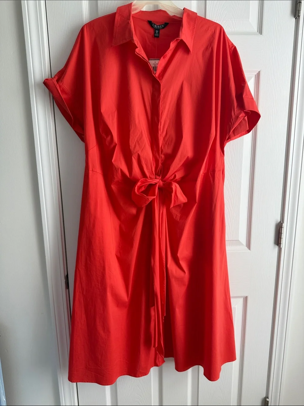 Lauren Ralph Lauren Vibrant Red Tie-Waist Midi Shirt Dress NWT